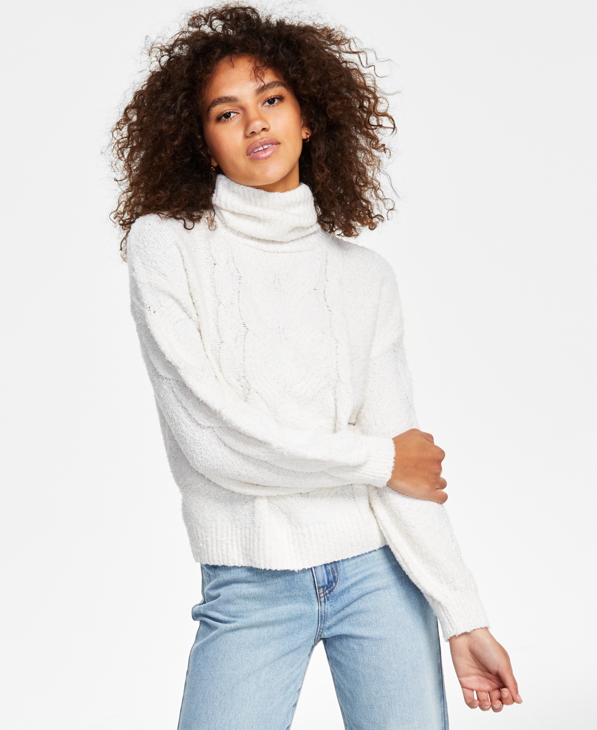 Hippie Rose Juniors' Cable-knit Turtleneck Sweater In Winter White
