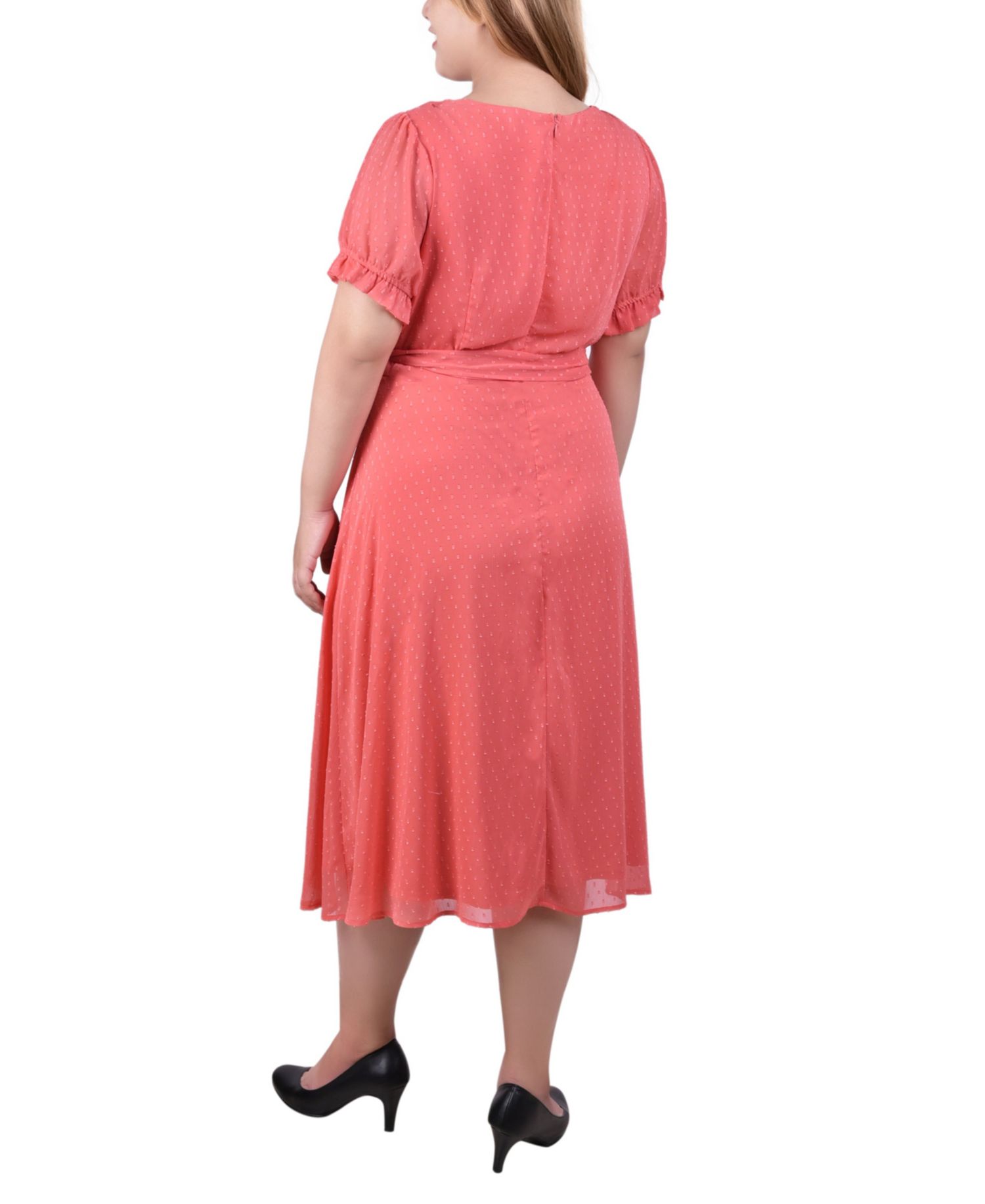 Petite Short Sleeve Belted Swiss Dot Dress