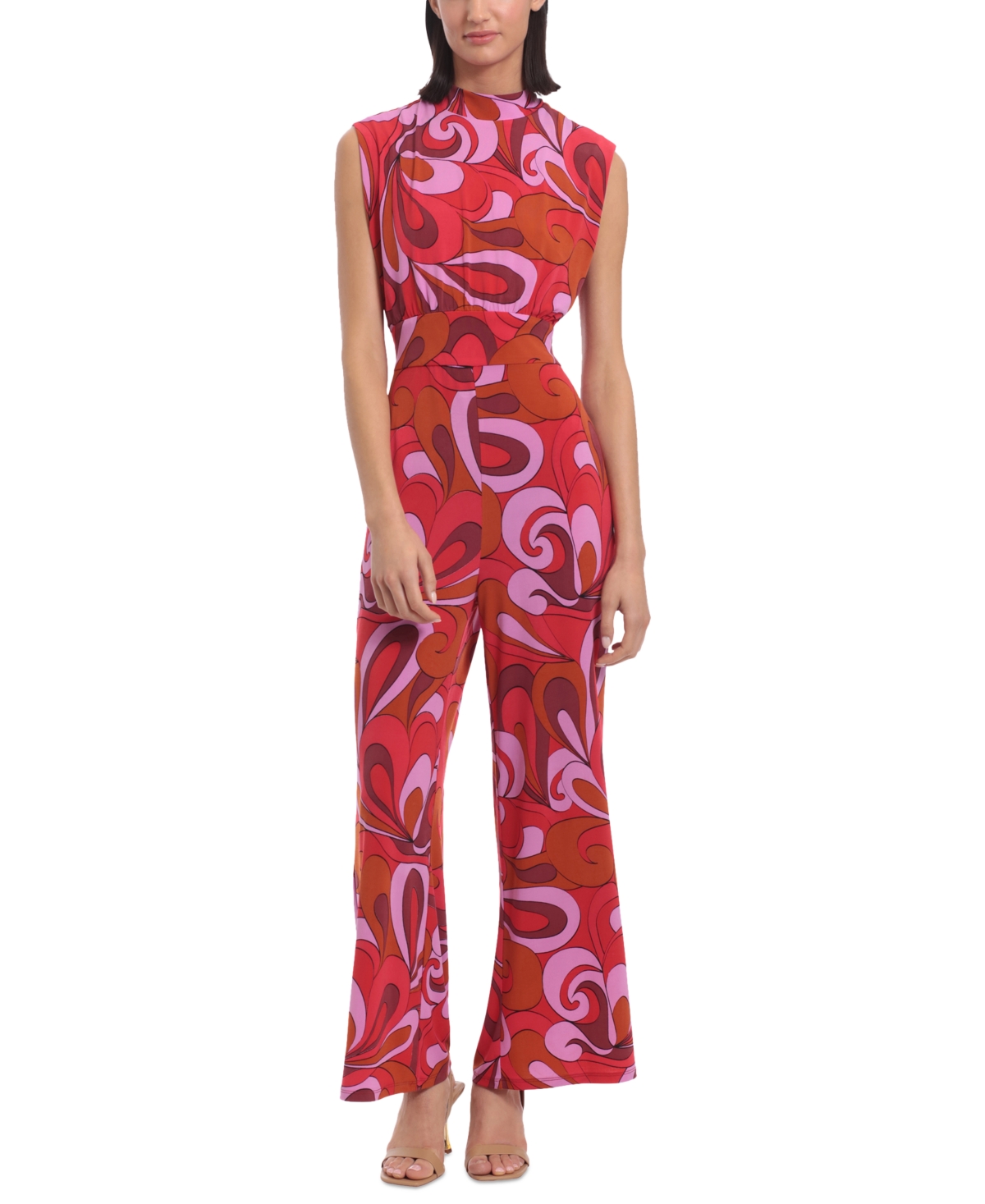 Women's Printed Tie-Waist Sleeveless Jumpsuit - Red/Lavender