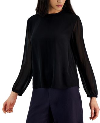 Eileen Fisher - Women's Silk Sheer-Sleeve Crewneck Top