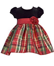 Baby Girls Holiday Plaid to Stretch Velvet Top Short Sleeved Dress