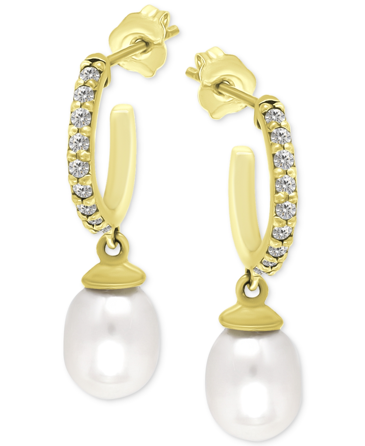 Giani Bernini Freshwater Pearl (8 X 6mm) & Cubic Zirconia Dangle Hoop Earrings, Created For Macy's In Gold Over Silver