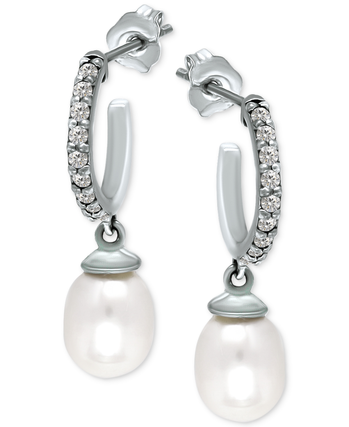 Giani Bernini Freshwater Pearl (8 X 6mm) & Cubic Zirconia Dangle Hoop Earrings, Created For Macy's In Sterling Silver