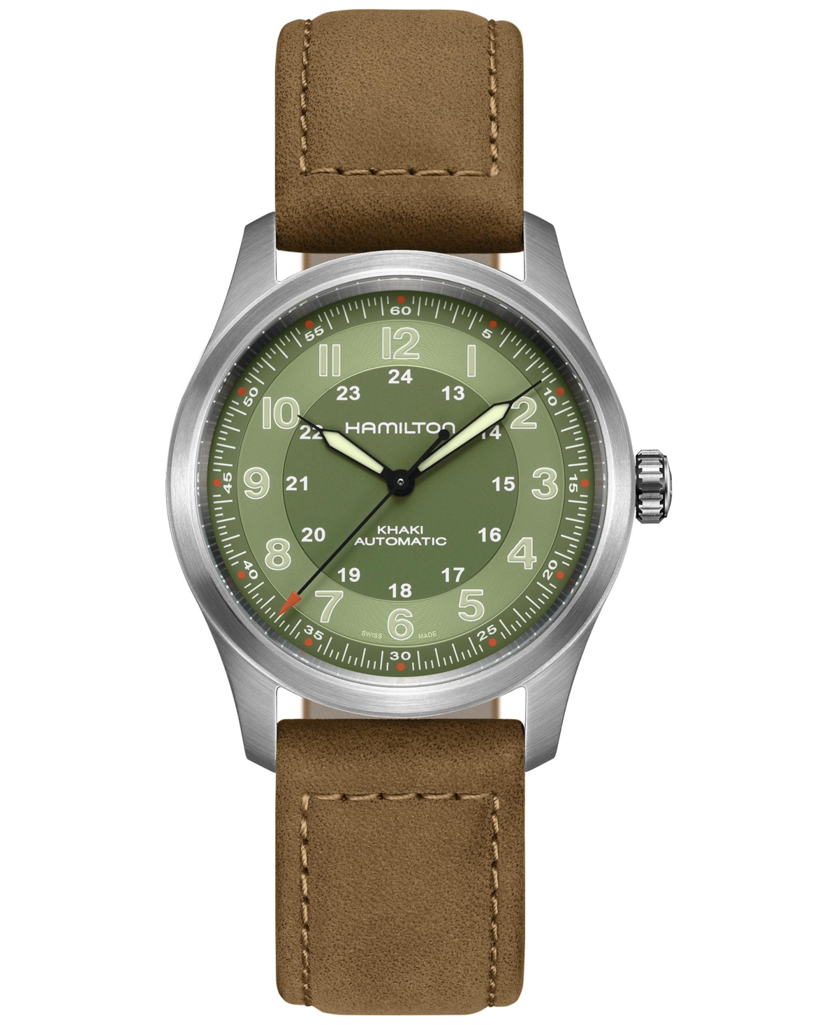 Men's Swiss Automatic Khaki Field Brown Leather Strap Watch 38mm - Green