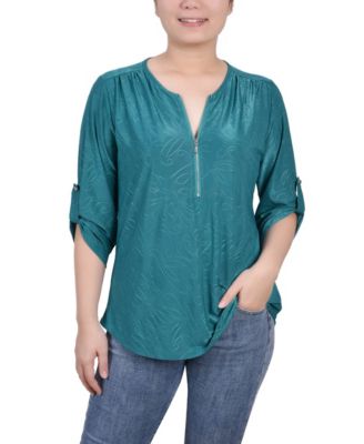 Women's 3/4 Roll Tab Zip Front Jacquard Knit Top