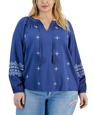 Style & Co Plus Size Embroidered Textured Split-Neck Top, Created for ...