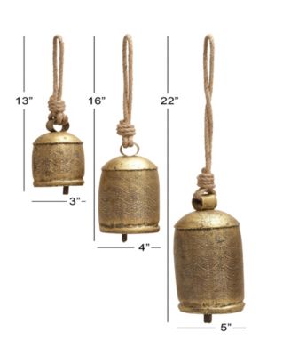 Bronze Metal Rustic Decorative Cow Bell with Jute Hanging Rope Set 3 Pieces