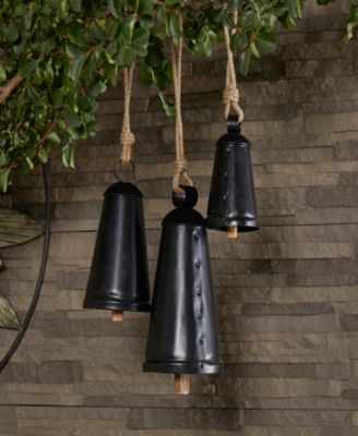 Black Metal Bohemian Decorative Cow Bell with Jute Hanging Rope Set 3 Pieces