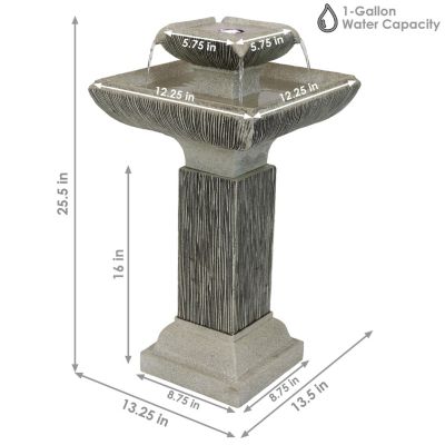 25-Inch Square 2-Tier Outdoor Bird Bath Water Fountain - LED Lights - Electric Submersible Pump with Adjustable Flow
