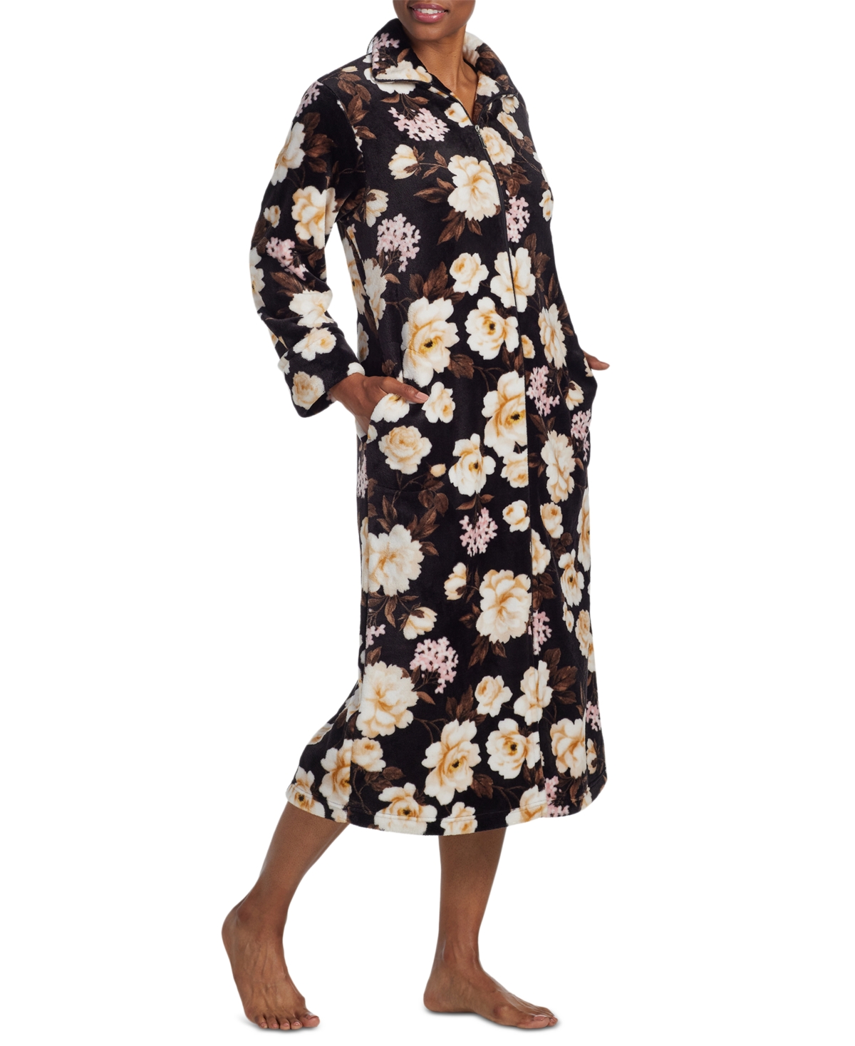 MISS ELAINE WOMEN'S FLORAL-PRINT LONG-SLEEVE ZIP-UP ROBE