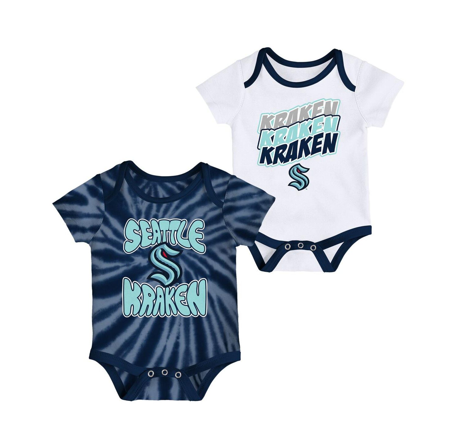 Newborn and Infant Boys and Girls Deep Sea Blue, White Seattle Kraken Monterey Tie-Dye Two-Pack Bodysuit Set