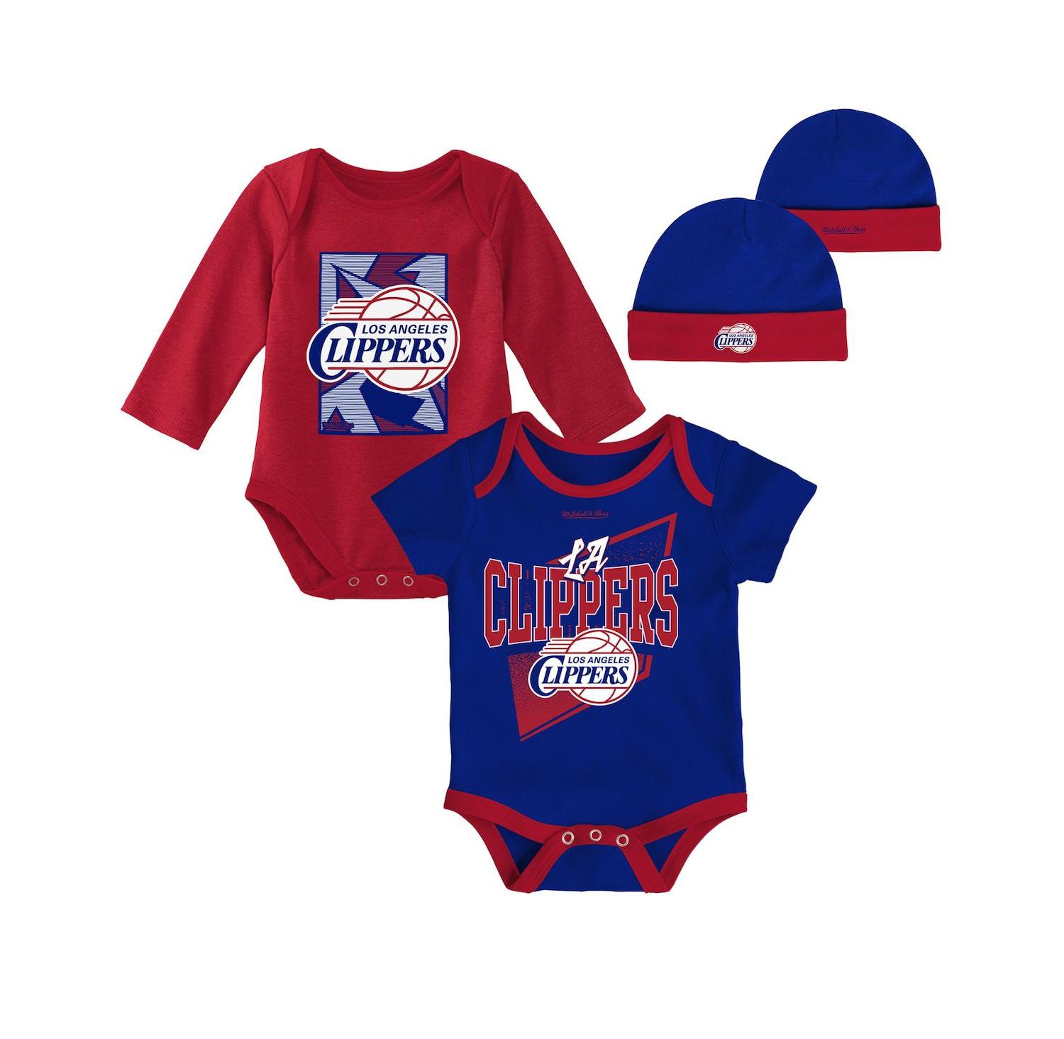 Infant Boys and Girls Royal, Red LA Clippers Hardwood Classics Bodysuits and Cuffed Knit Hat Set