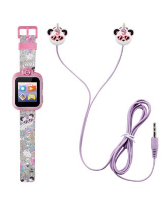 Playzoom Kid's Silver-Tone Glitter Panda Unicorn Silicone Strap Touchscreen Smart Watch 42mm with Earbuds Gift Set