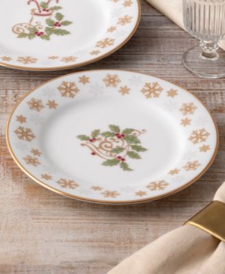 Holly & Berry Gold Set of 4 Holiday Assorted Appetizer Plates, 6.25"
