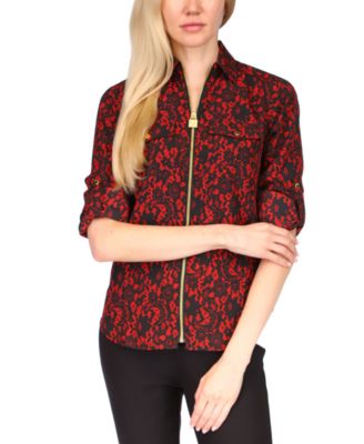 Michael Kors - Petite Lace-Print Dog-Tag Zip-Up Top