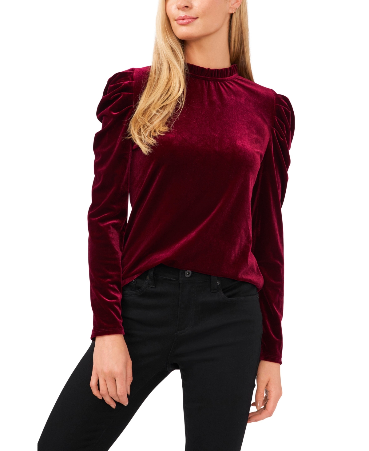 Women's Velvet Mock Neck Long Sleeve Knit Top - Majestic Wine