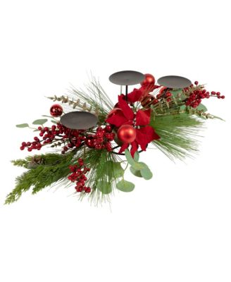 Triple Candle Holder With Berry and Poinsettia Christmas Decor, 32"
