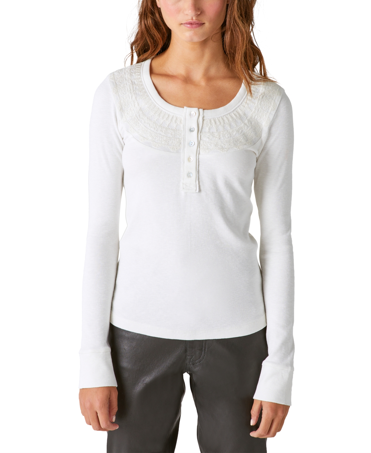 Lucky Brand Embroidered Fair Isle Henley Top In Nostalgia Rose