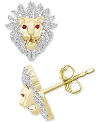 Macy's - Men's Diamond (1/2 ct. t.w.) & Ruby Accent Lion Head Stud Earrings in 10k Gold