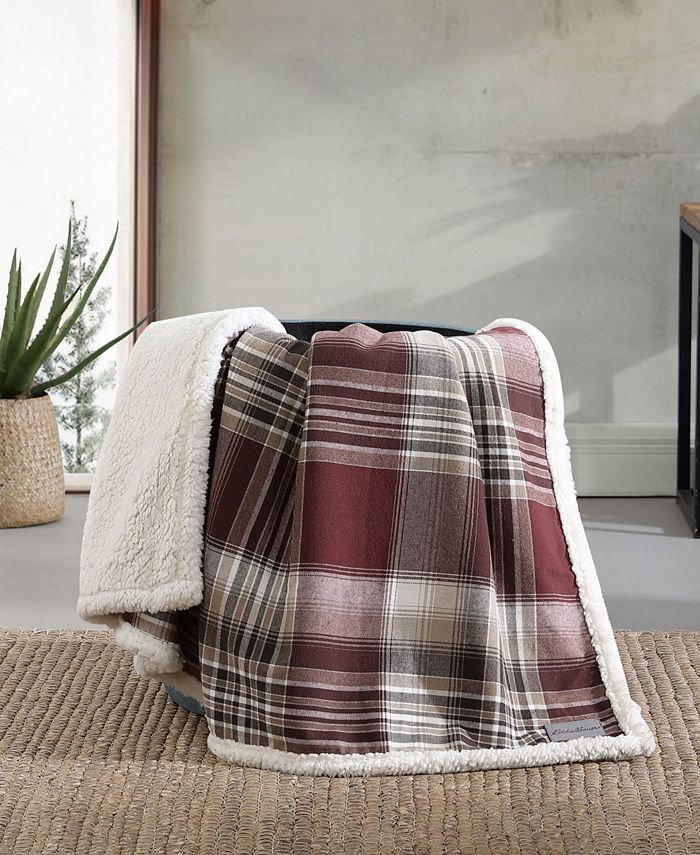 Eddie Bauer Twin Lakes Flannel Yarn Dye Sherpa Reversible Throw, 60" X