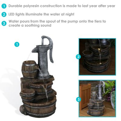 Cozy Farmhouse Pump and Barrels 23-Inch Outdoor Fountain with LED Lights - Polyresin - Electric Submersible Pump
