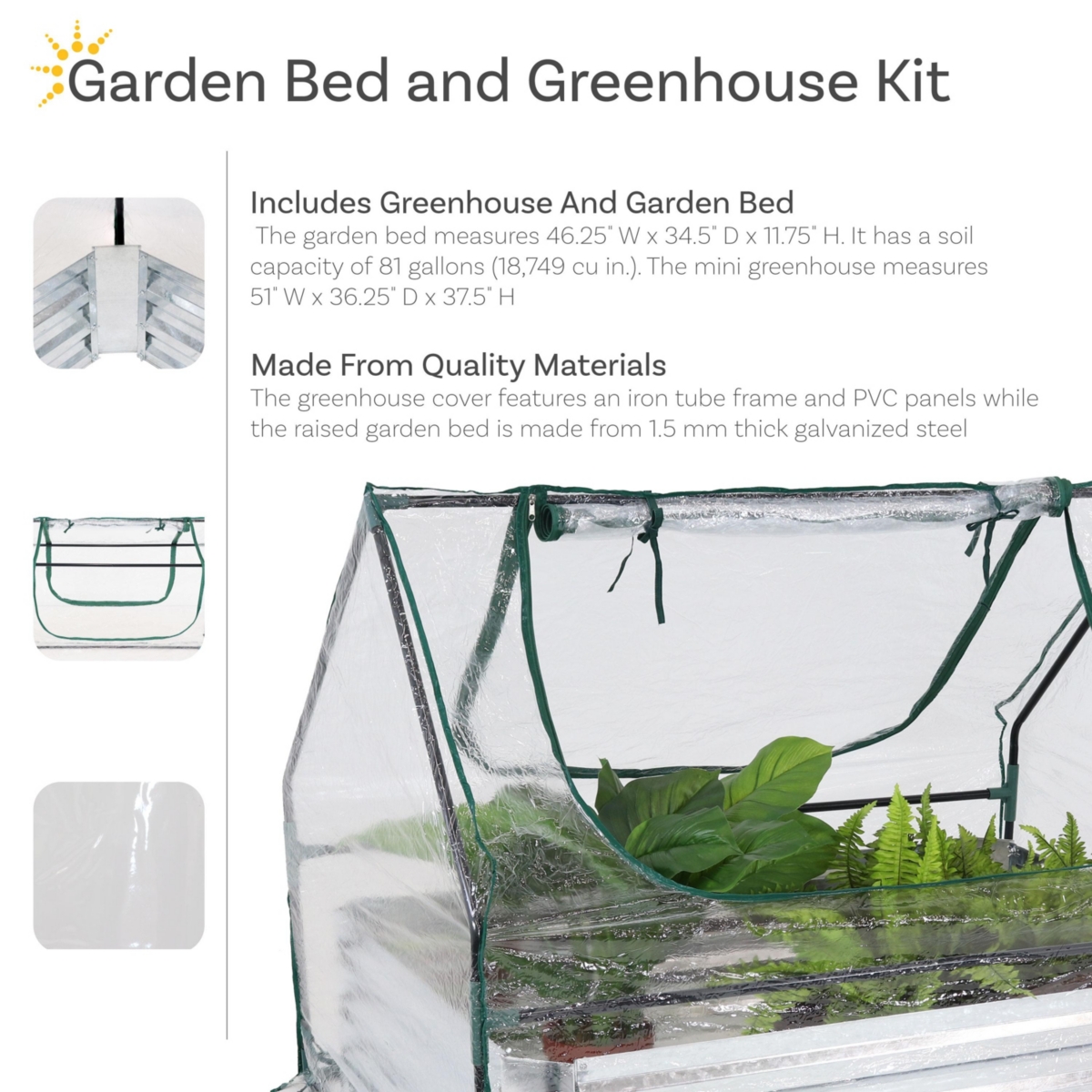 Sunnydaze Decor Galvanized Steel Raised Bed with Greenhouse Kit - x