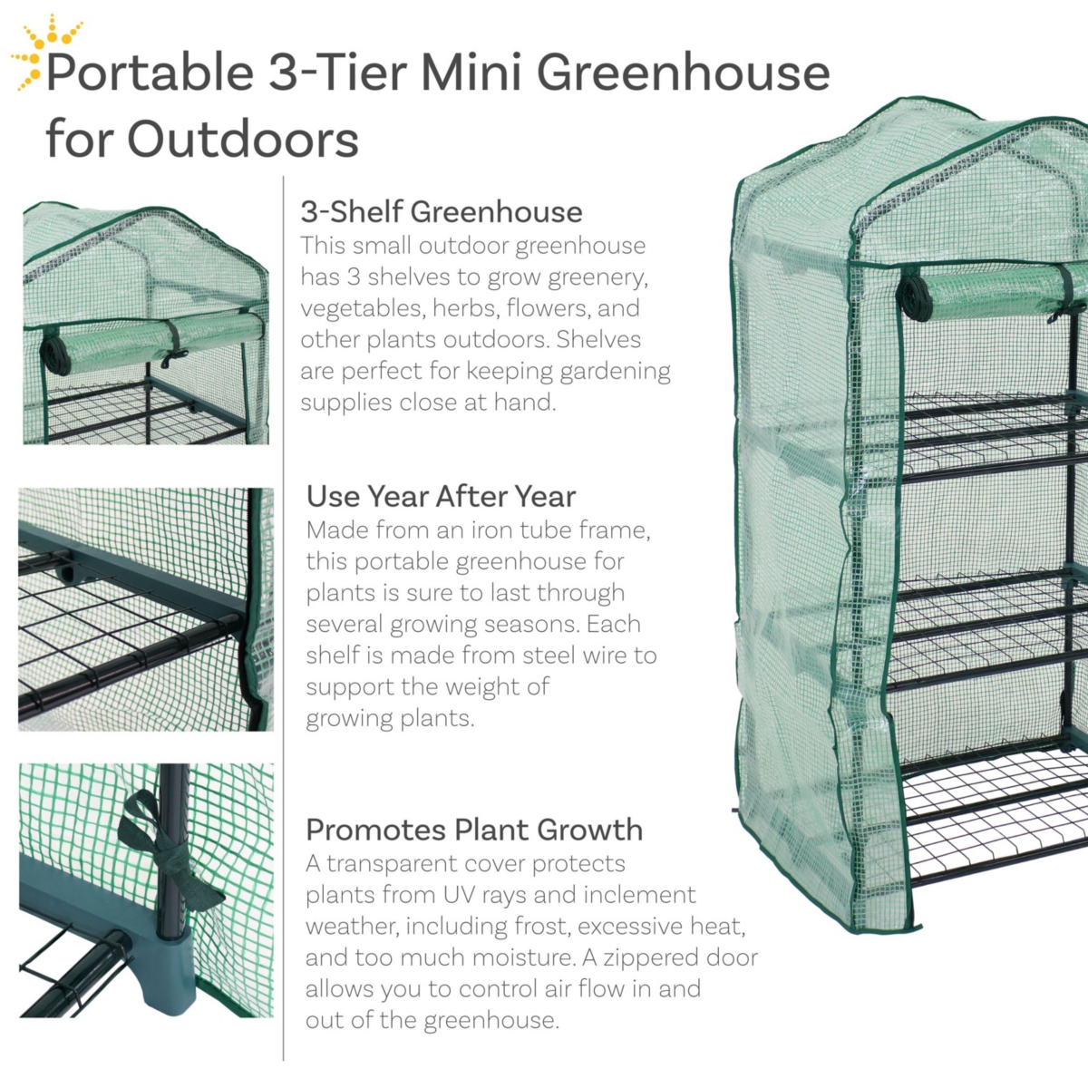 Sunnydaze Decor Iron Pvc Cover Mini Greenhouse with 3 Shelves/Zipper -- Green