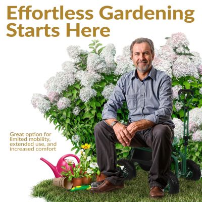 Garden Seat with Wheels - Rolling Garden Stool with Extendable Steer Handle, Swivel Seat and Utility Tool Tray - Green