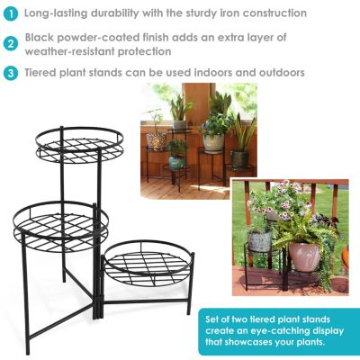 Iron Metal 3-Tiered Decorative Flower Plant Pot Holder Stand Display - Black - 2pk