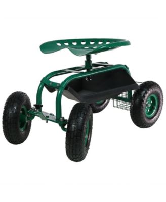 Outdoor Heavy-Duty Steel Rolling Gardening Cart with Adjustable Height Swivel Chair, Tool Tray, and Basket