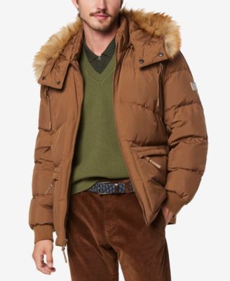 Men's Down Bomber with Faux Fur Trim and Removable Hood