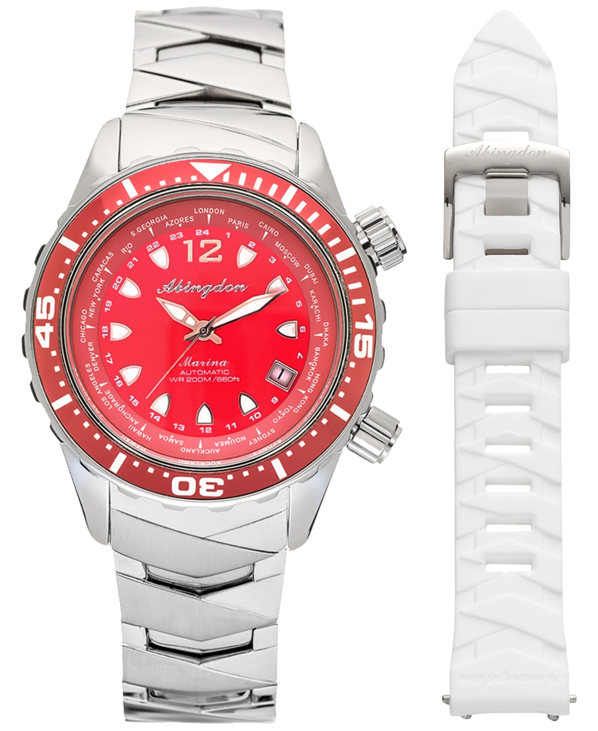 Abingdon Co. Women's Marina Diver's Multifunctional Titanium Bracelet & White Silicone Strap Watch 40mm In Reef Red