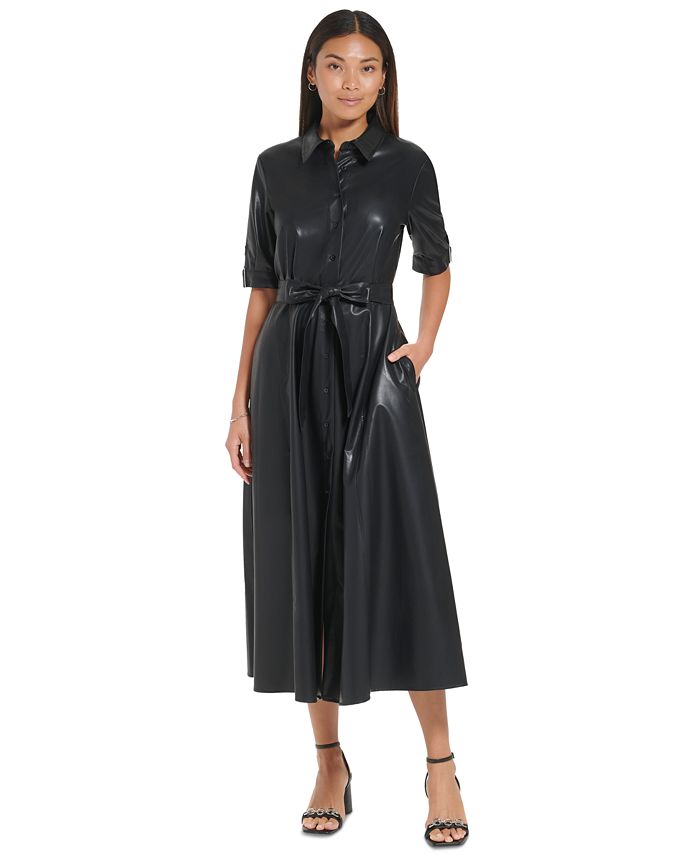Calvin Klein Women's Faux Leather Button Front Shirtdress & Reviews -  Dresses - Women - Macy's