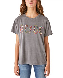 Women's Cotton AC/DC Floral Embroidered Boyfriend T-Shirt