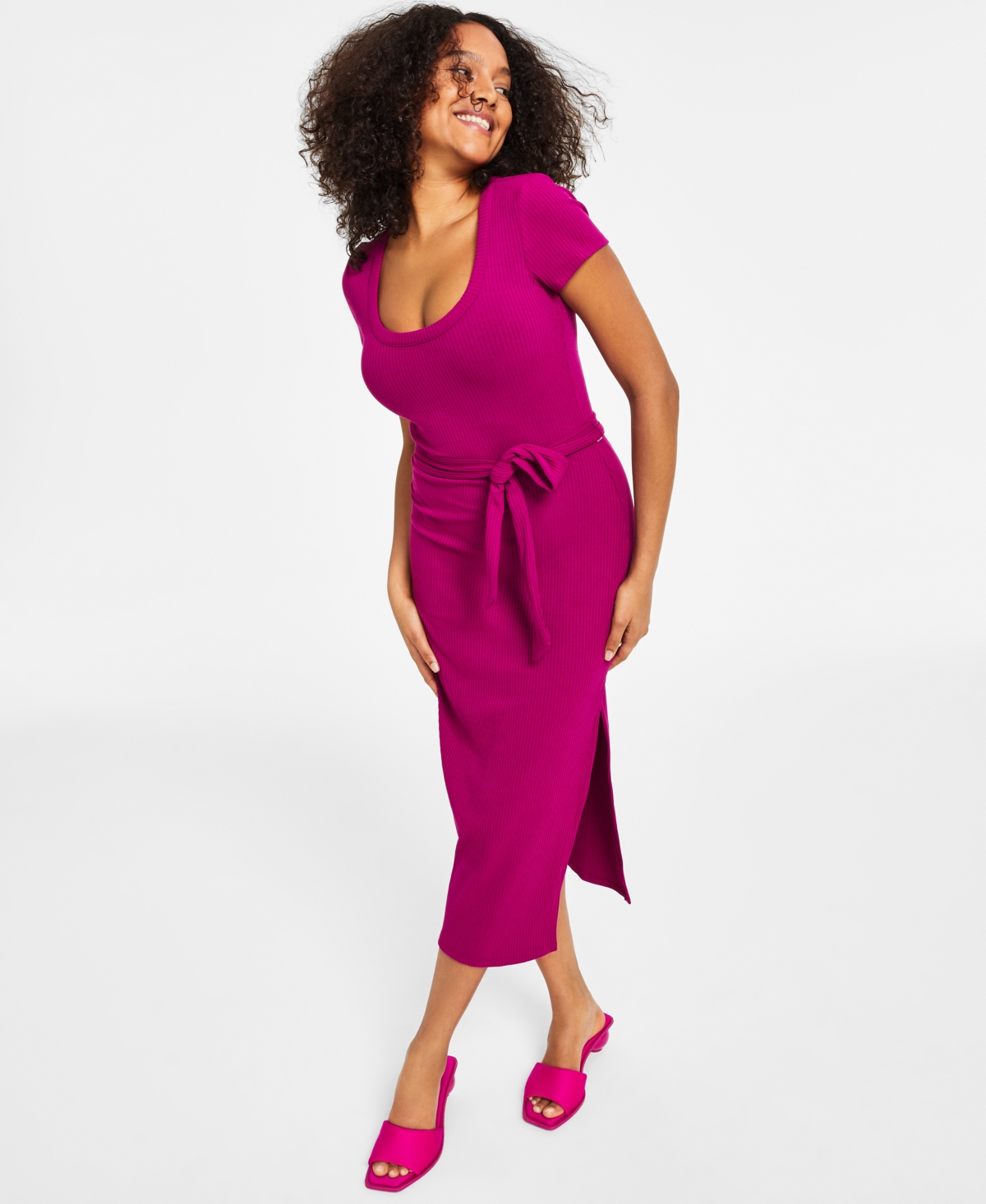 Bar Iii Women's Ribbed Short-sleeve Midi Dress, Created For Macy's In Vivid Orchid