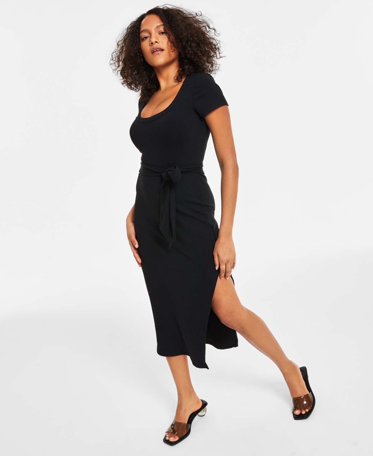 Bar Iii Women's Ribbed Short-sleeve Midi Dress, Created For Macy's In Deep Black