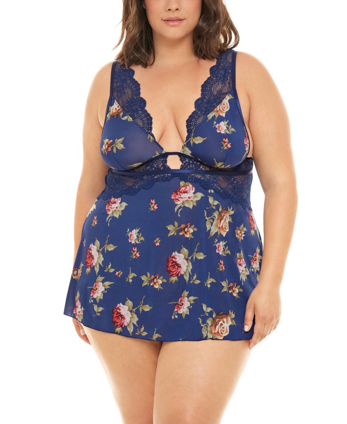 Plus Size Naeva Printed Babydoll with Wide Scallop Lace Details - Estate Blue Scattered Ros