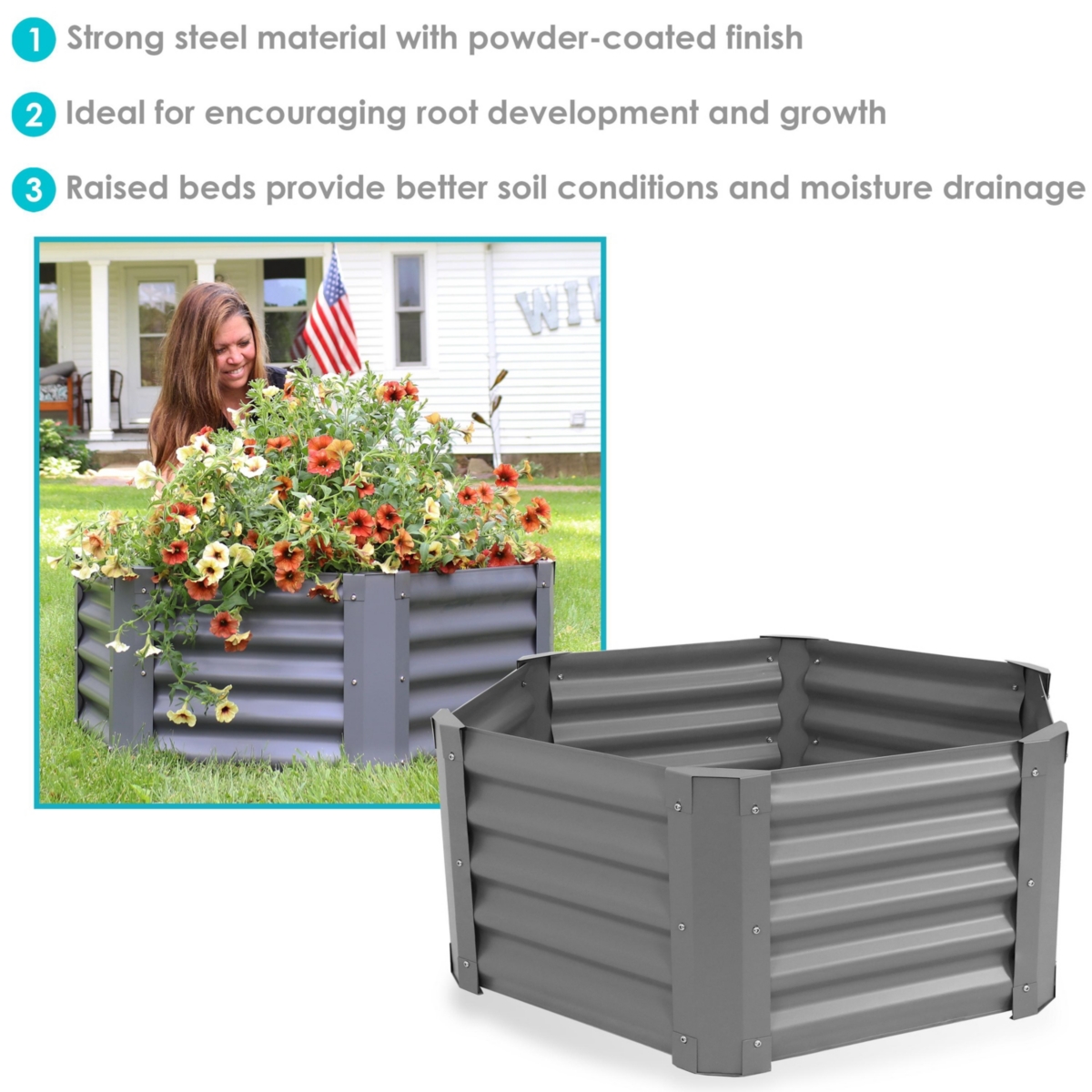 Sunnydaze Decor Powder-Coated Steel Hexagon Raised Garden Bed - Gray -