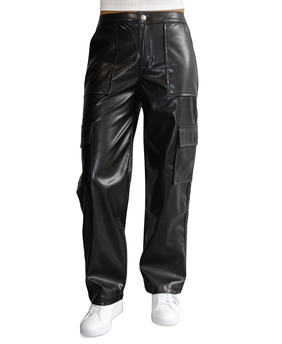 Almost Famous Crave Fame Juniors' Faux-leather Utility Cargo Pants In Black