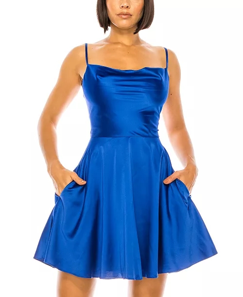 juniors' cowlneck satin a-line lace-up-back dress