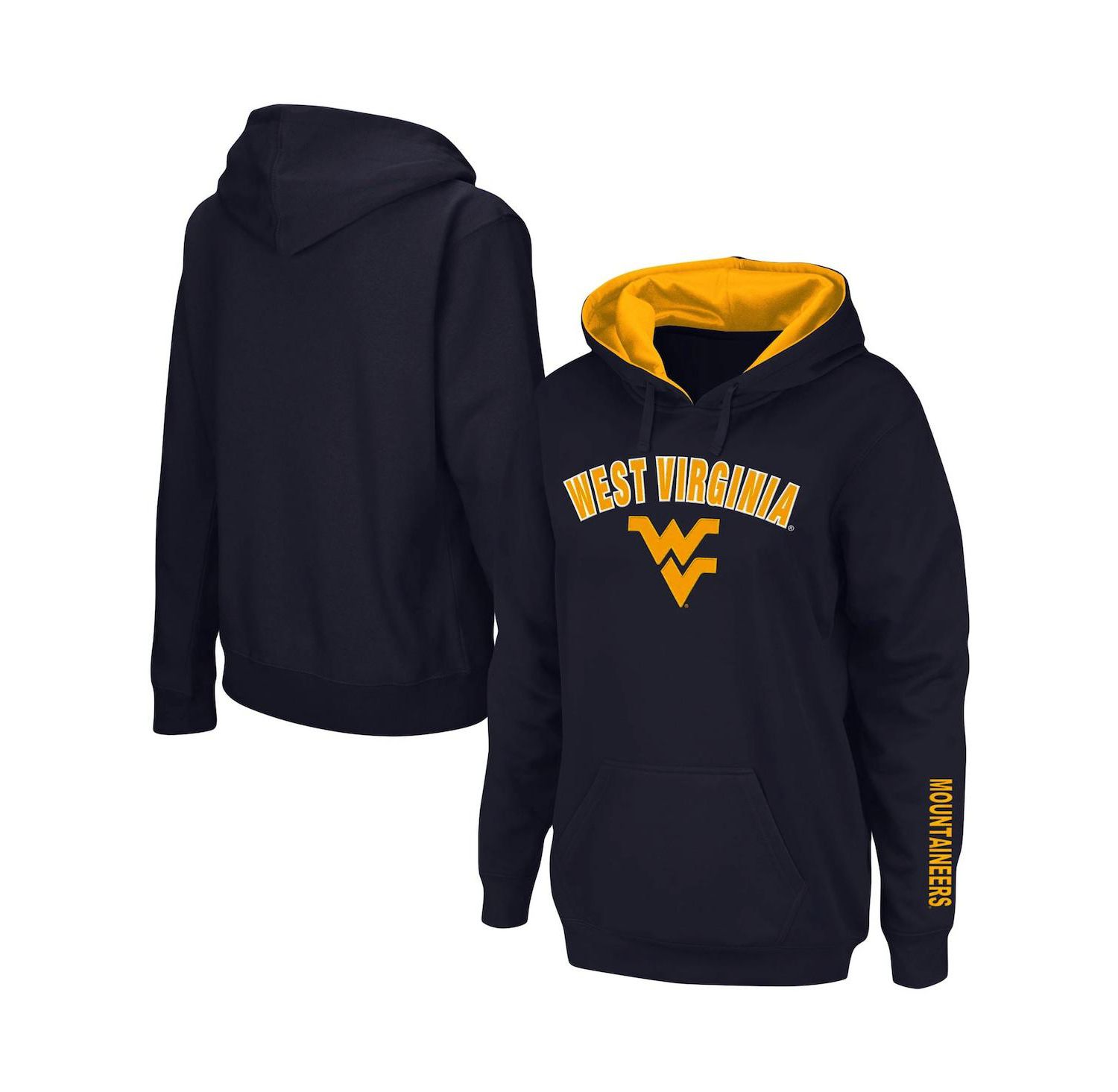 Women's Navy West Virginia Mountaineers Arch and Logo 1 Pullover Hoodie