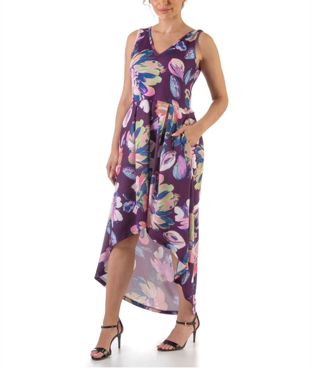 24seven Comfort Apparel Women's Sleeveless Pleated High Low Pocket Dress - Pink Multi