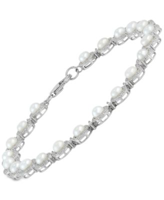 Cultured Freshwater Button Pearl (4 - 4-1/2mm) & Cubic Zirconia Link Bracelet in Sterling Silver