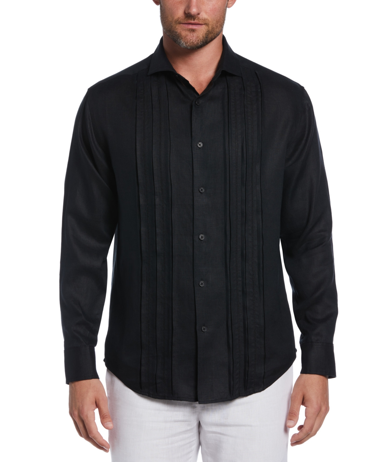 CUBAVERA MEN'S LINEN TRIPLE TUCK EMBROIDERED LONG-SLEEVE PANEL SHIRT 