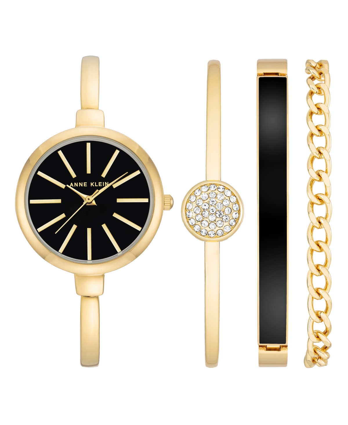Anne Klein Women's Gold-tone Alloy Bangle Watch 32mm And Bracelet Set In Black,gold-tone