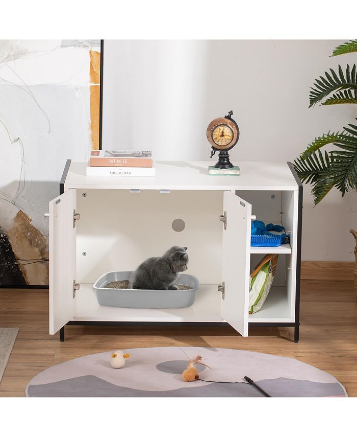 PawHut Pet Cat Litter Box w/ Easyentry Wide Surface Adjustable Shelves