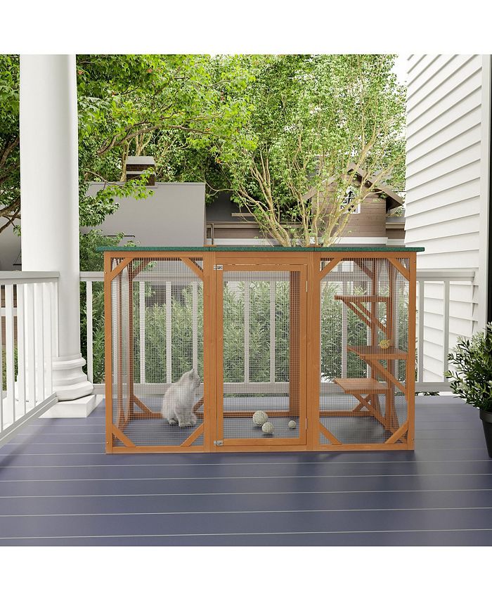 PawHut Cat Cage Wooden Pet Enclosure with Waterproof Roof, Platforms