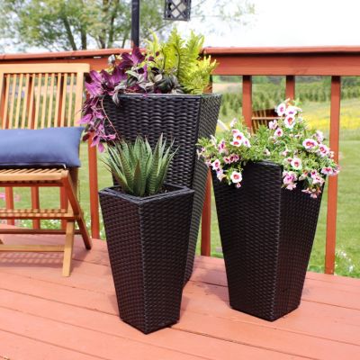 Decorative Square Polyrattan Basket-Style Planters - 9", 11.5", and 14.75" Square - Black - 3-Piece Set