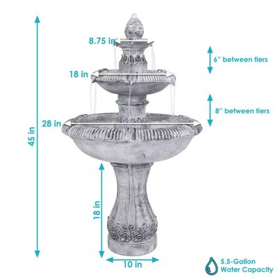 45-Inch 3-Tier Mediterranean Outdoor Water Fountain - Glass Fiber Reinforced Concrete Construction - Gray