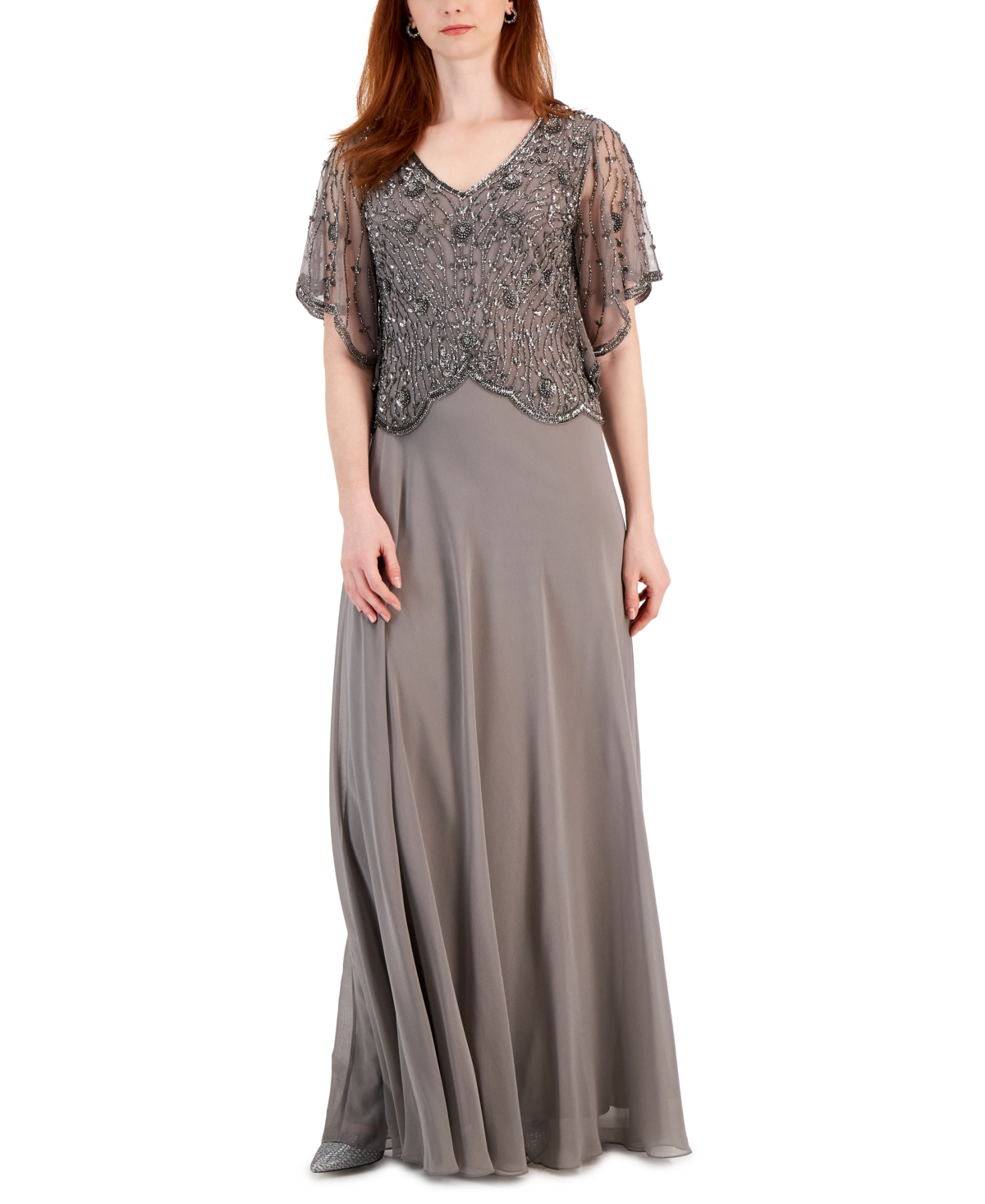 J Kara Women's Scalloped Beaded-Bodice V-Neck Gown